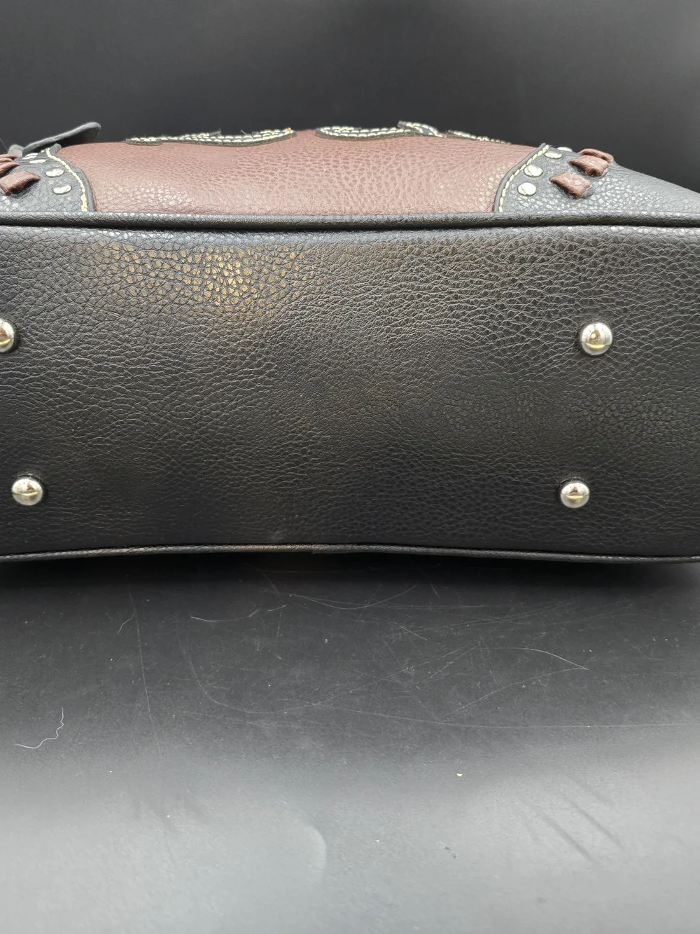 Embellished Two-Tone Black and Brown Satchel Handbag